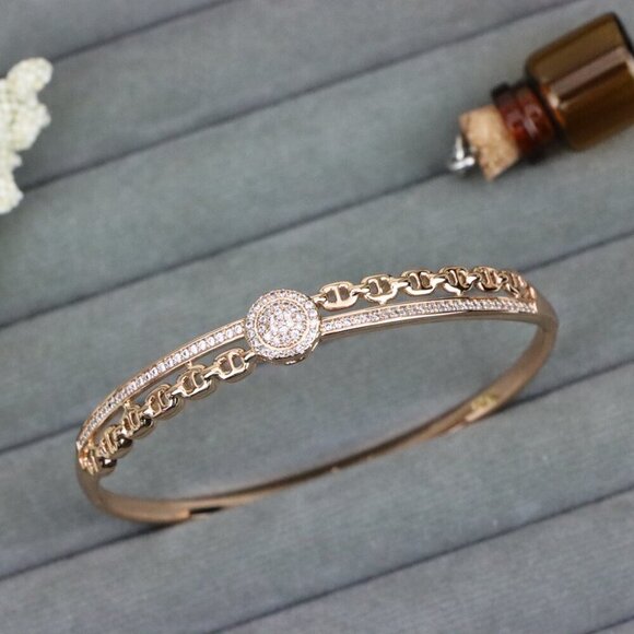 Rose Gold Bangle with Chain-Inspired Band and Round Stone Center, XPBL0560 - Picture 11 of 12